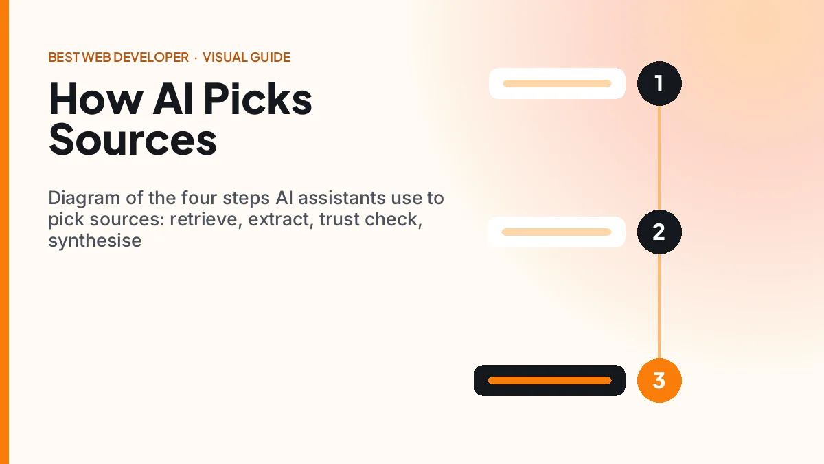 Diagram of the four steps AI assistants use to pick sources: retrieve, extract, trust check, synthesise