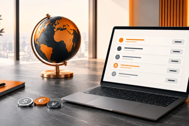 Orange and charcoal globe beside a laptop displaying abstract developer quote comparisons.