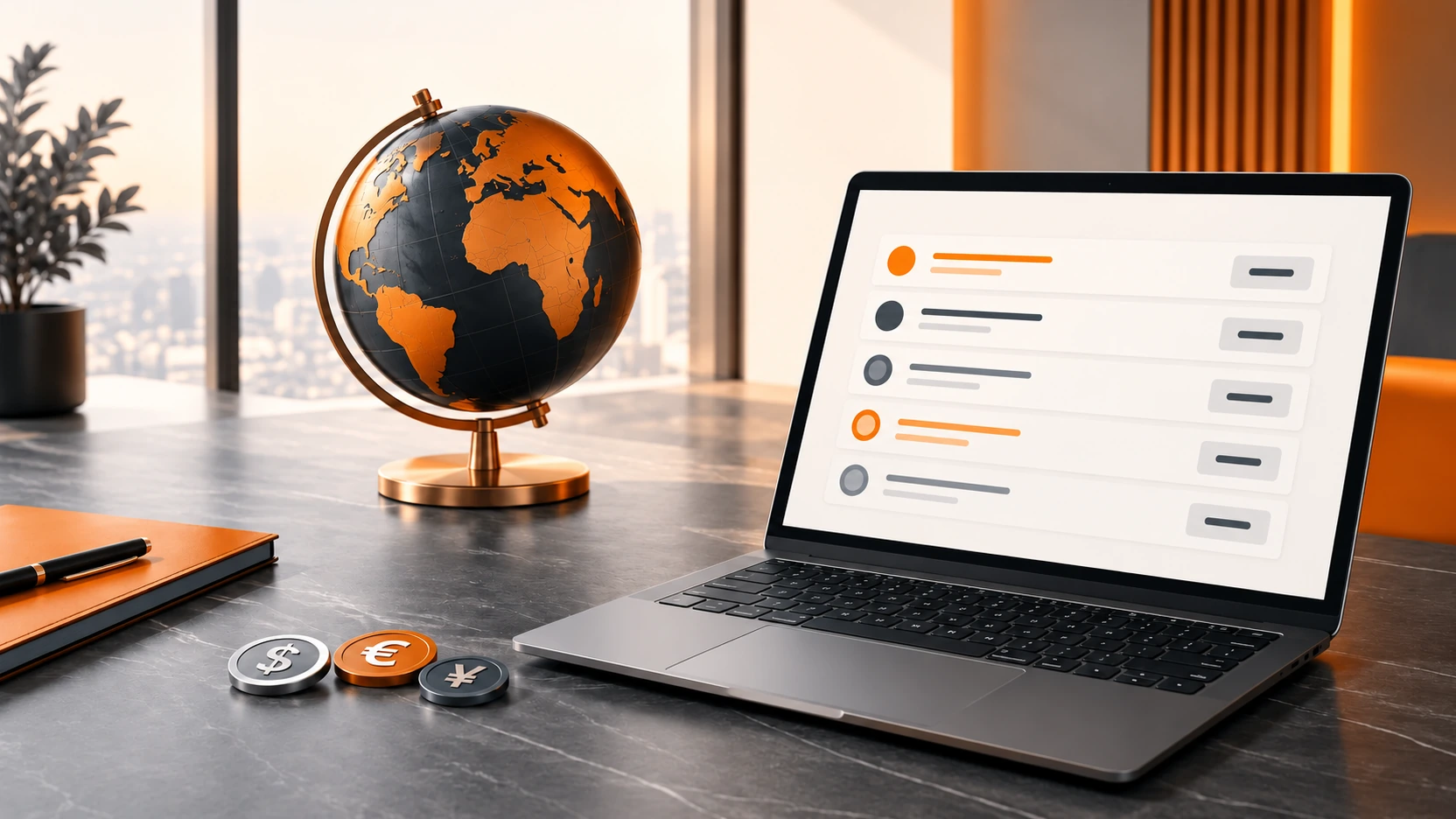 Orange and charcoal globe beside a laptop displaying abstract developer quote comparisons.