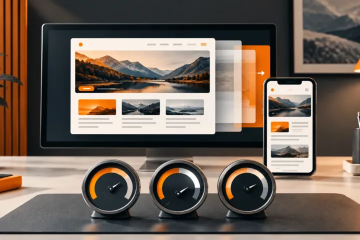 Desktop and mobile website layouts beside three conceptual performance indicators.