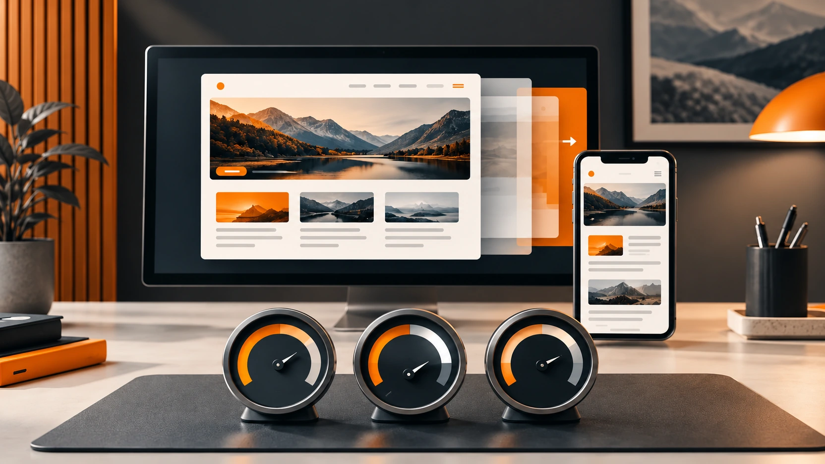 Desktop and mobile website layouts beside three conceptual performance indicators.