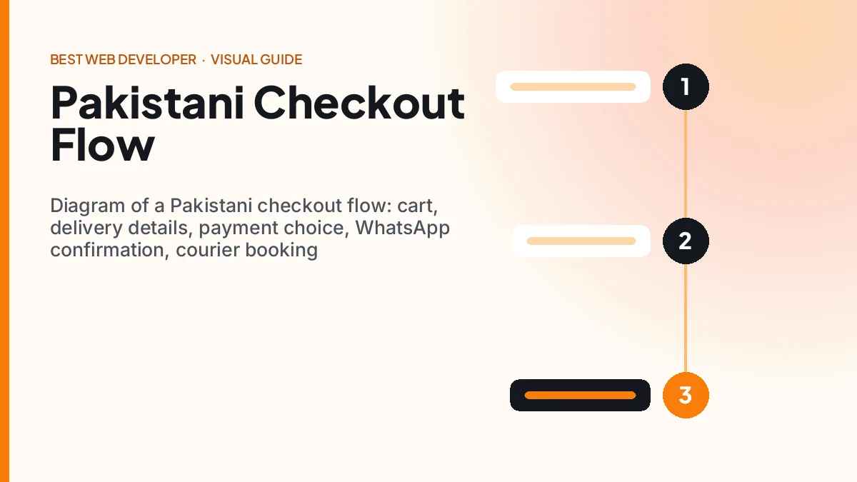 Diagram of a Pakistani checkout flow: cart, delivery details, payment choice, WhatsApp confirmation, courier booking