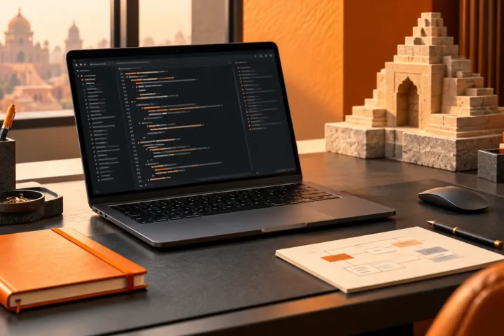Conceptual corporate workspace with project planning screens and an architectural model in the site's orange and charcoal palette.
