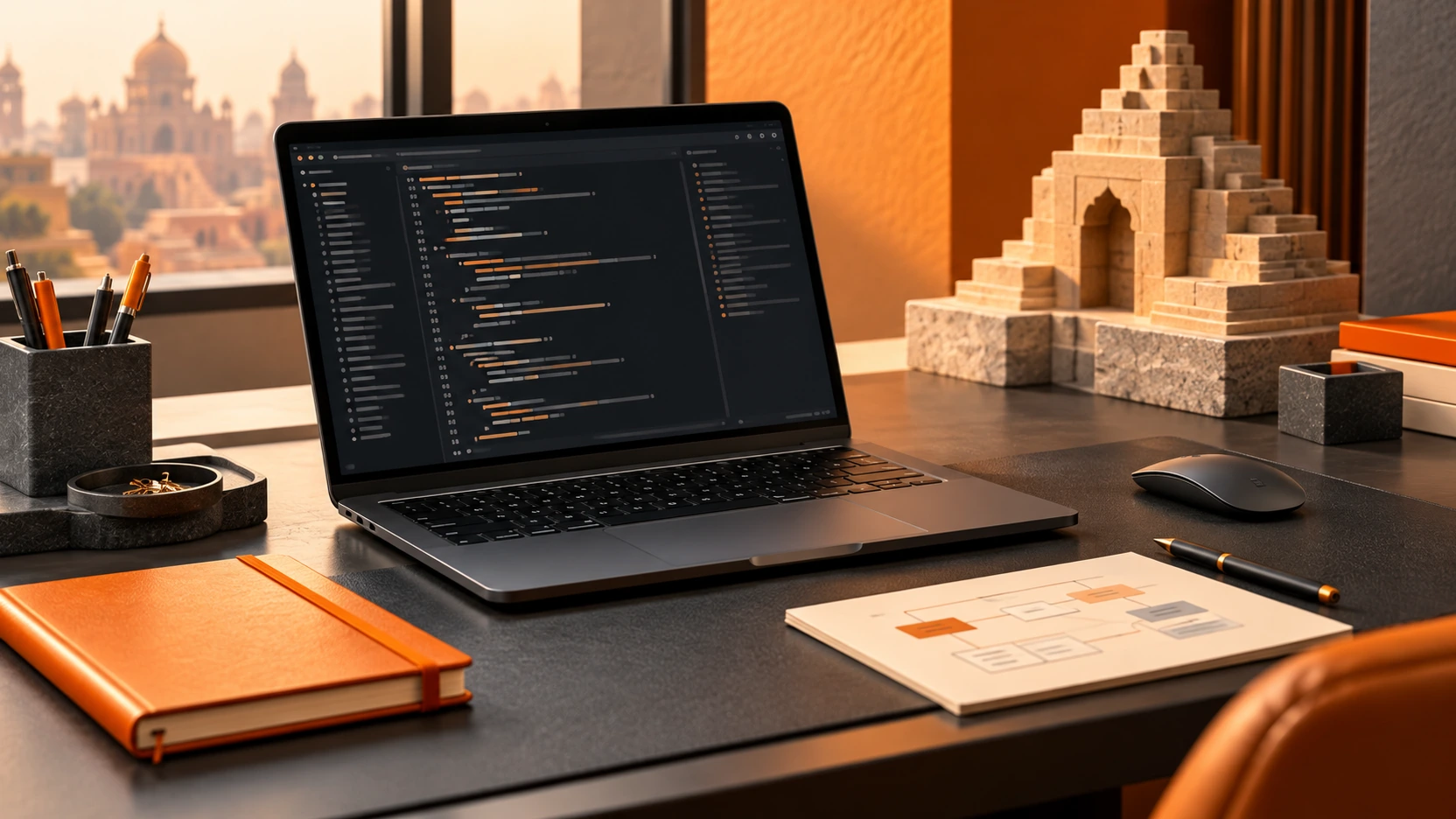 Conceptual corporate workspace with project planning screens and an architectural model in the site's orange and charcoal palette.