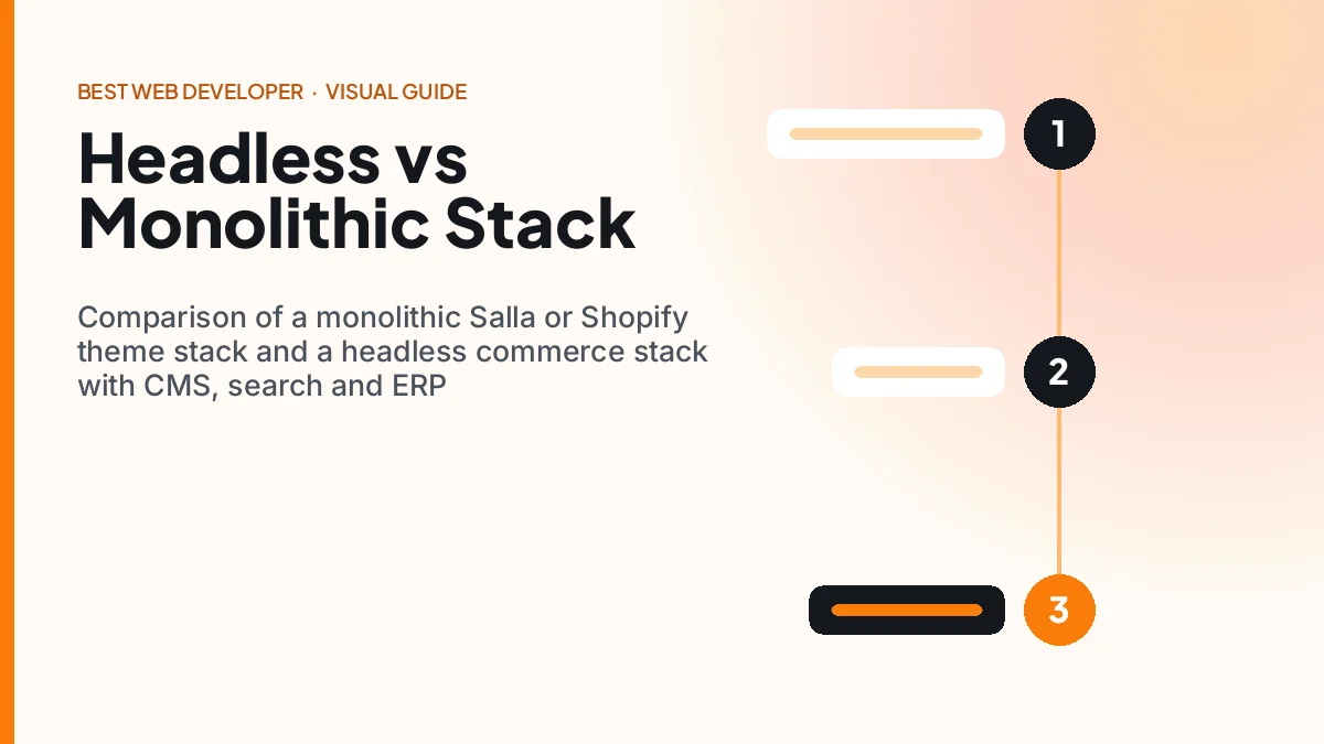 Comparison of a monolithic Salla or Shopify theme stack and a headless commerce stack with CMS, search and ERP