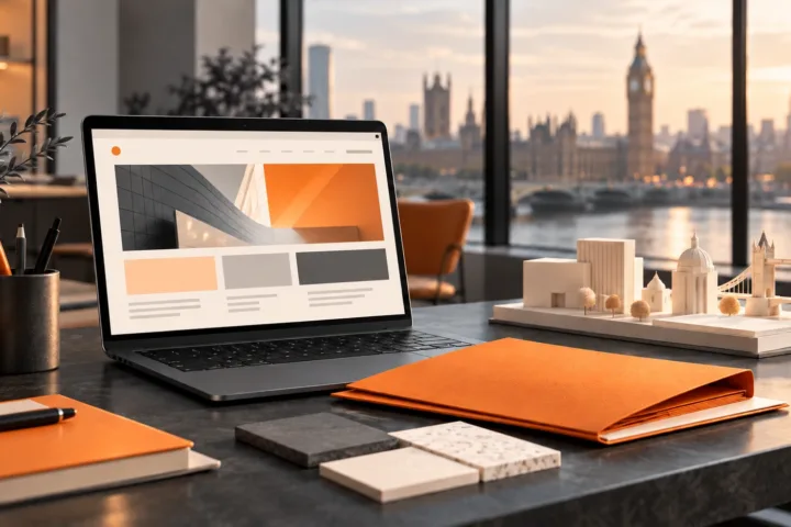 Conceptual corporate workspace with a laptop, orange project brief and cream architectural models.