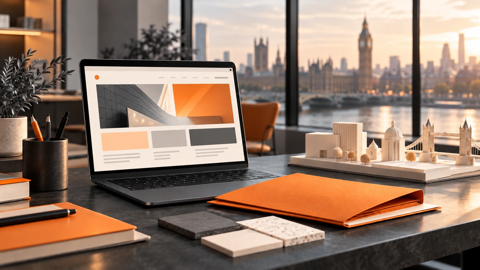 Conceptual corporate workspace with a laptop, orange project brief and cream architectural models.