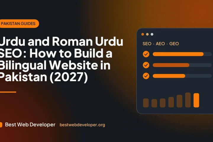 Website shown side by side in English and right-to-left Urdu with a language switcher