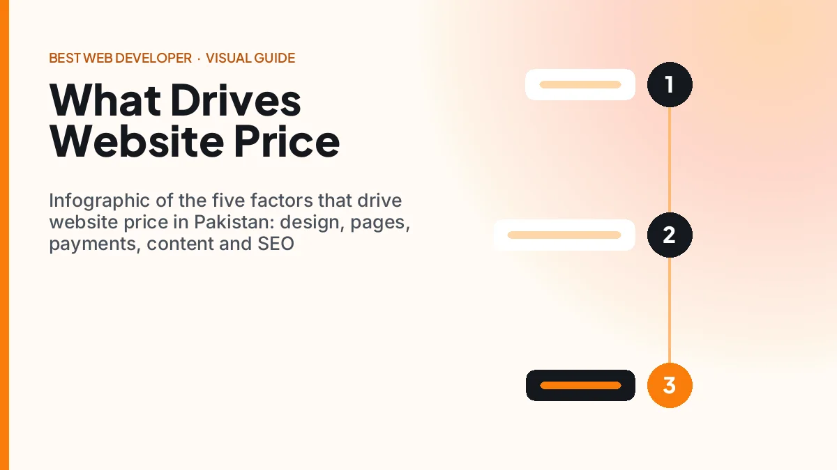 Infographic of the five factors that drive website price in Pakistan: design, pages, payments, content and SEO