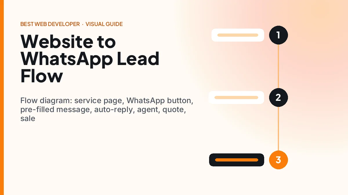 Flow diagram: service page, WhatsApp button, pre-filled message, auto-reply, agent, quote, sale