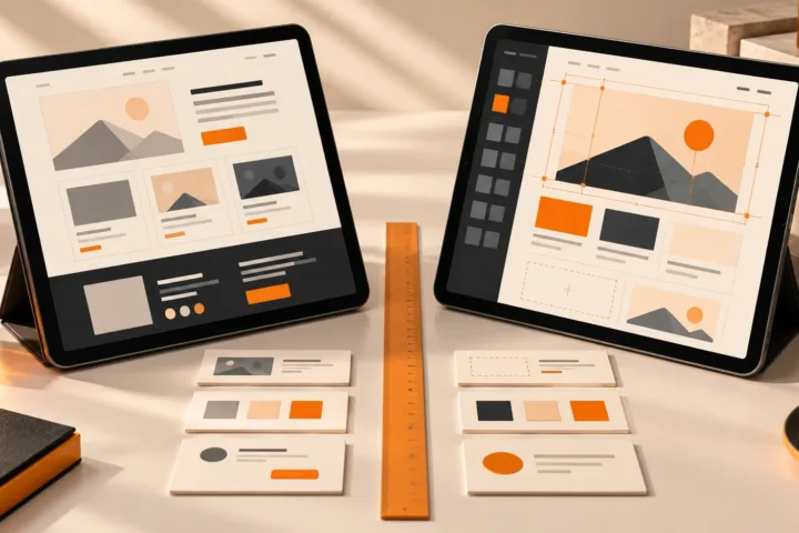 Conceptual comparison of two website layout approaches on charcoal tablets with orange and cream project cards.