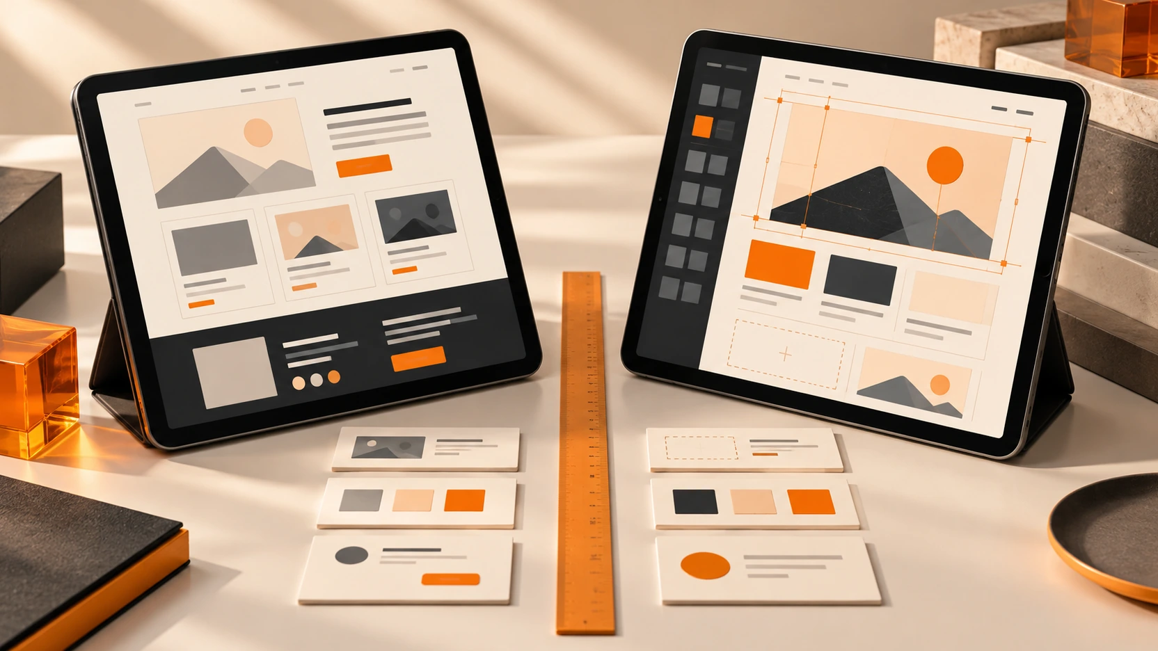 Conceptual comparison of two website layout approaches on charcoal tablets with orange and cream project cards.